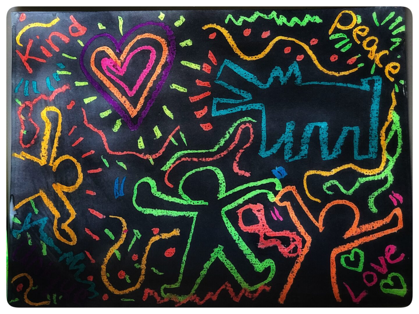 Art for Kids to learn about famous artist, Keith Haring.  This beautiful piece was created with mixed media paper, neon oil pastels {quite possibly my Favorite thing ever}, and ... Black liquid watercolor. Now that’s one way to make it P O P !! .