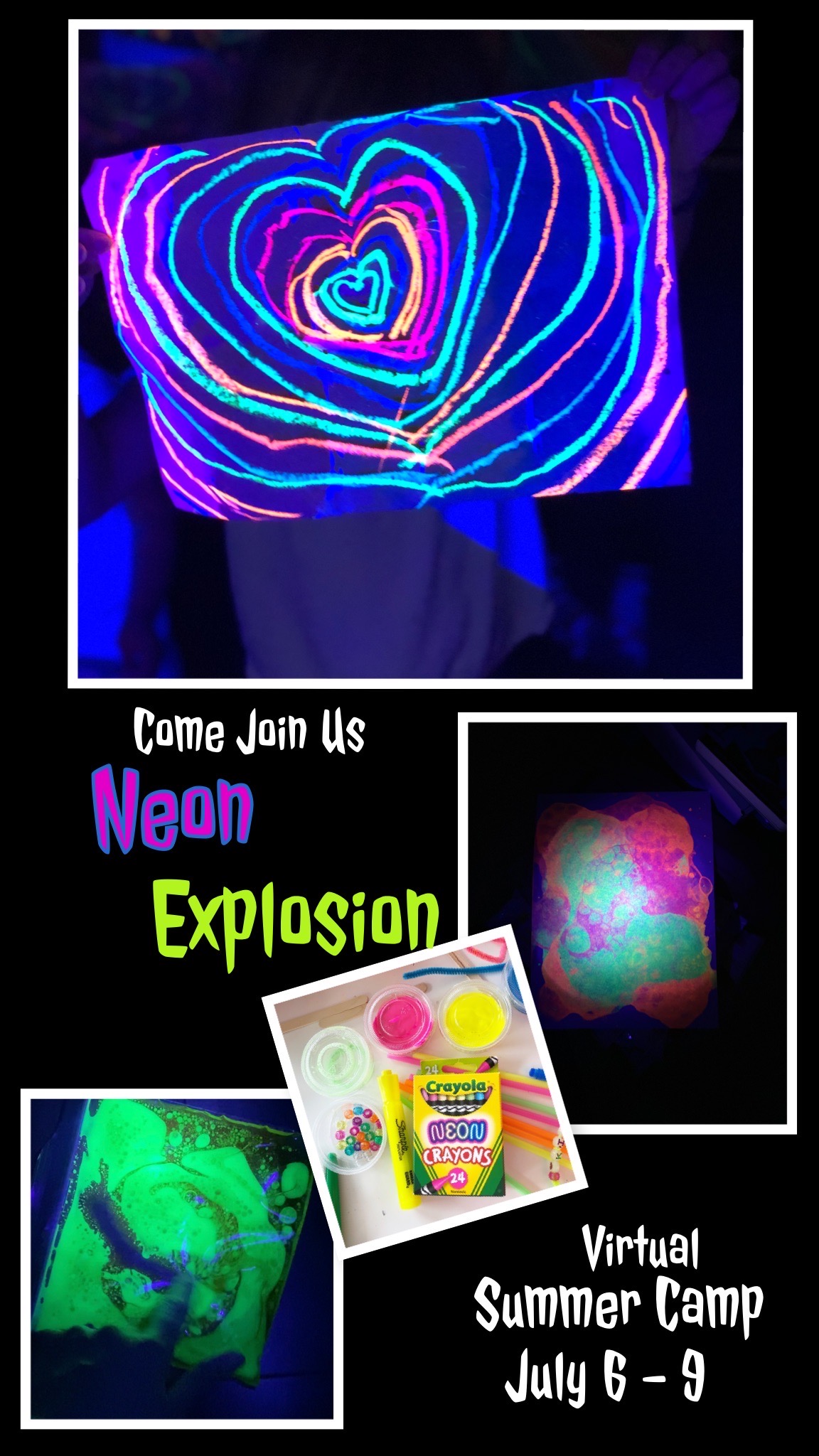 Virtual Summer Camp: Plan for some fun as we dive into the world of Neon Style by creating your own abstract canvas art, bubble art with fluorescent paint, concentric designs, and so much more. {warning, you child may end up covered in highlighters but it does easily wash off}