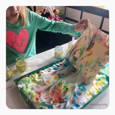 DIY Marbled Painting.  This fun arts and crafts projects starts out as a great sensory play where you can teach about mixing colors.  The final product is a great piece of art that you can hang, make into a card or gift tag and so much more.  