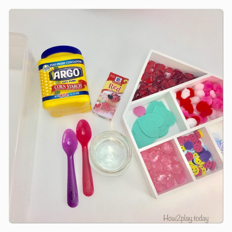 Valentine's Goop Sensory play. This goop or oobleck is super simple to make with water and cornstarch. Add some food coloring and little toys of your choice and you have a great invitation to play for sensory/ science time.