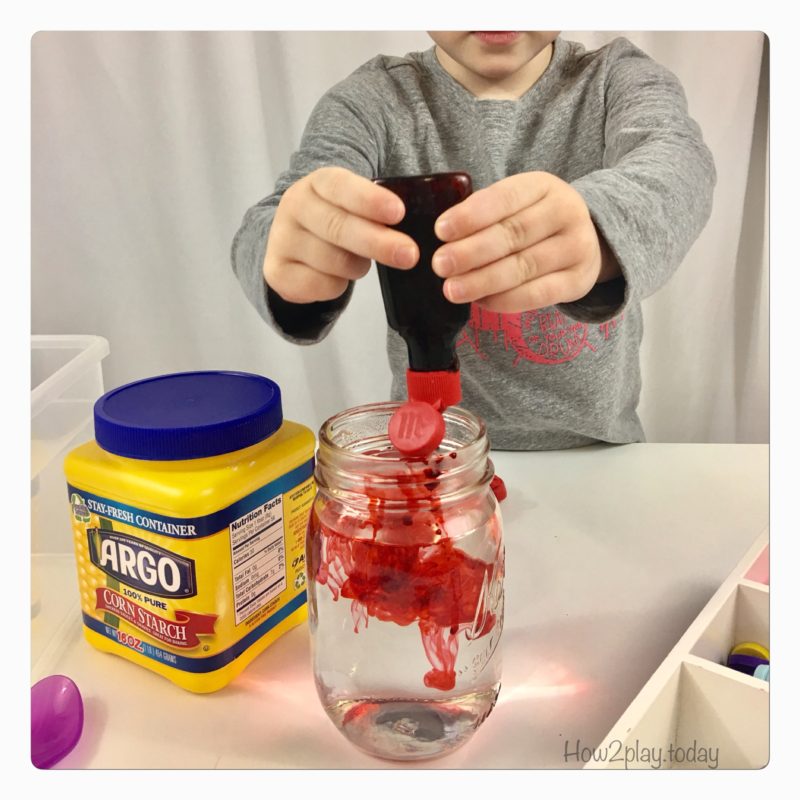 Valentine's Goop Sensory play. This goop or oobleck is super simple to make with water and cornstarch. Add some food coloring and little toys of your choice and you have a great invitation to play for sensory/ science time.