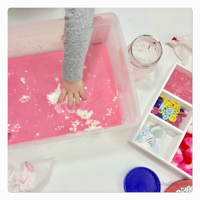 Valentine's Goop Sensory play. This goop or oobleck is super simple to make with water and cornstarch. Add some food coloring and little toys of your choice and you have a great invitation to play for sensory/ science time.