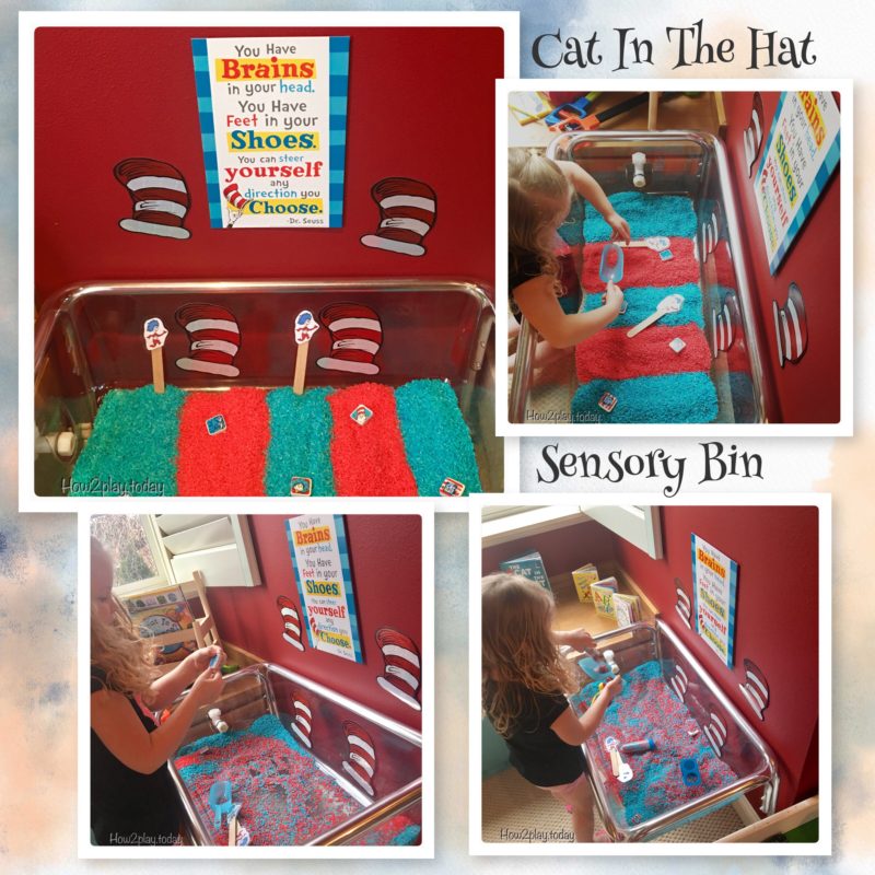 Sensory bin play for kids based on the classic Dr. Seuss story The Cat in the Hat. Great for Dr. Seuss week for preschool, homeschool, kindergarten.