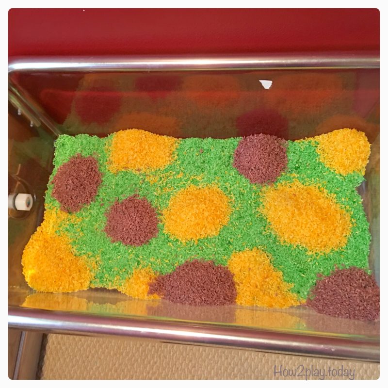 St. Patrick's Day sensory table complete with colored rice, gold coins and pots to fill. We added more items from our science center to complete this invitation to play.