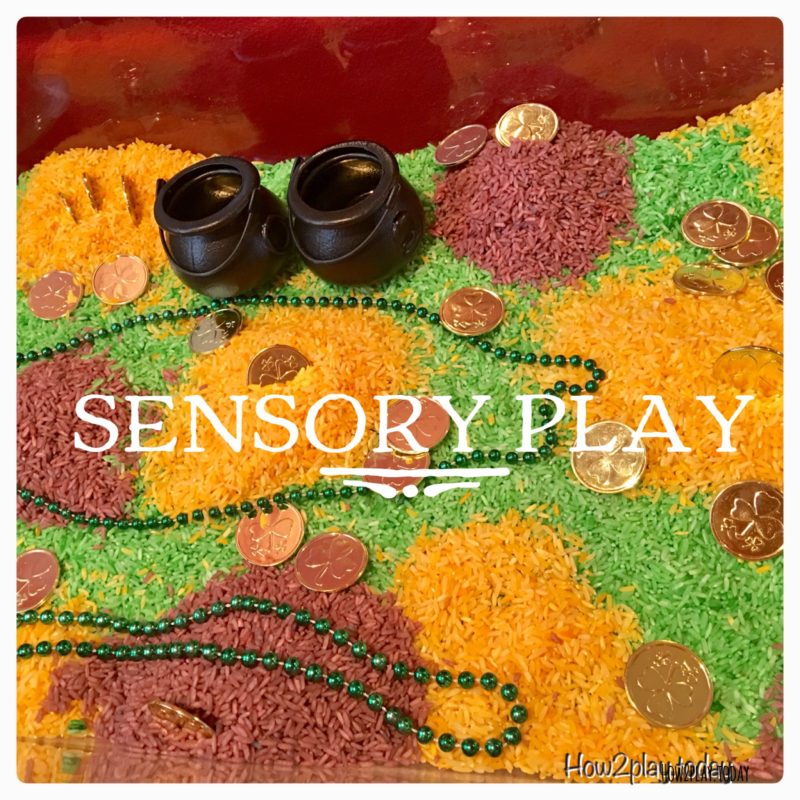 St. Patrick's Day sensory table complete with colored rice, gold coins and pots to fill. We added more items from our science center to complete this invitation to play.