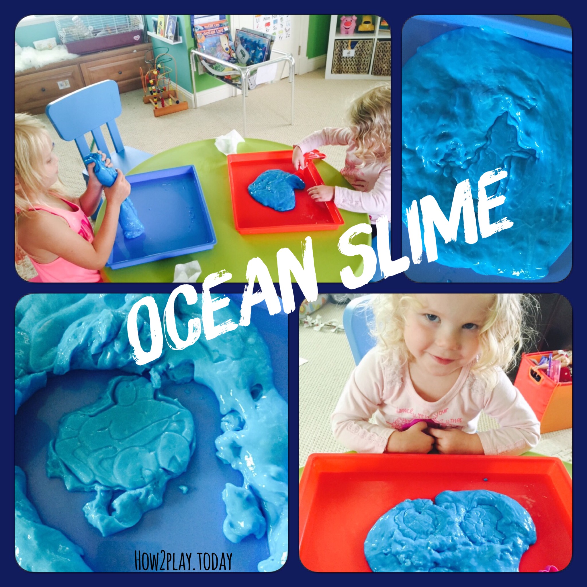 Homemade ocean slime is great for sensory play. Add some seashells or plastic fish and you're all set.