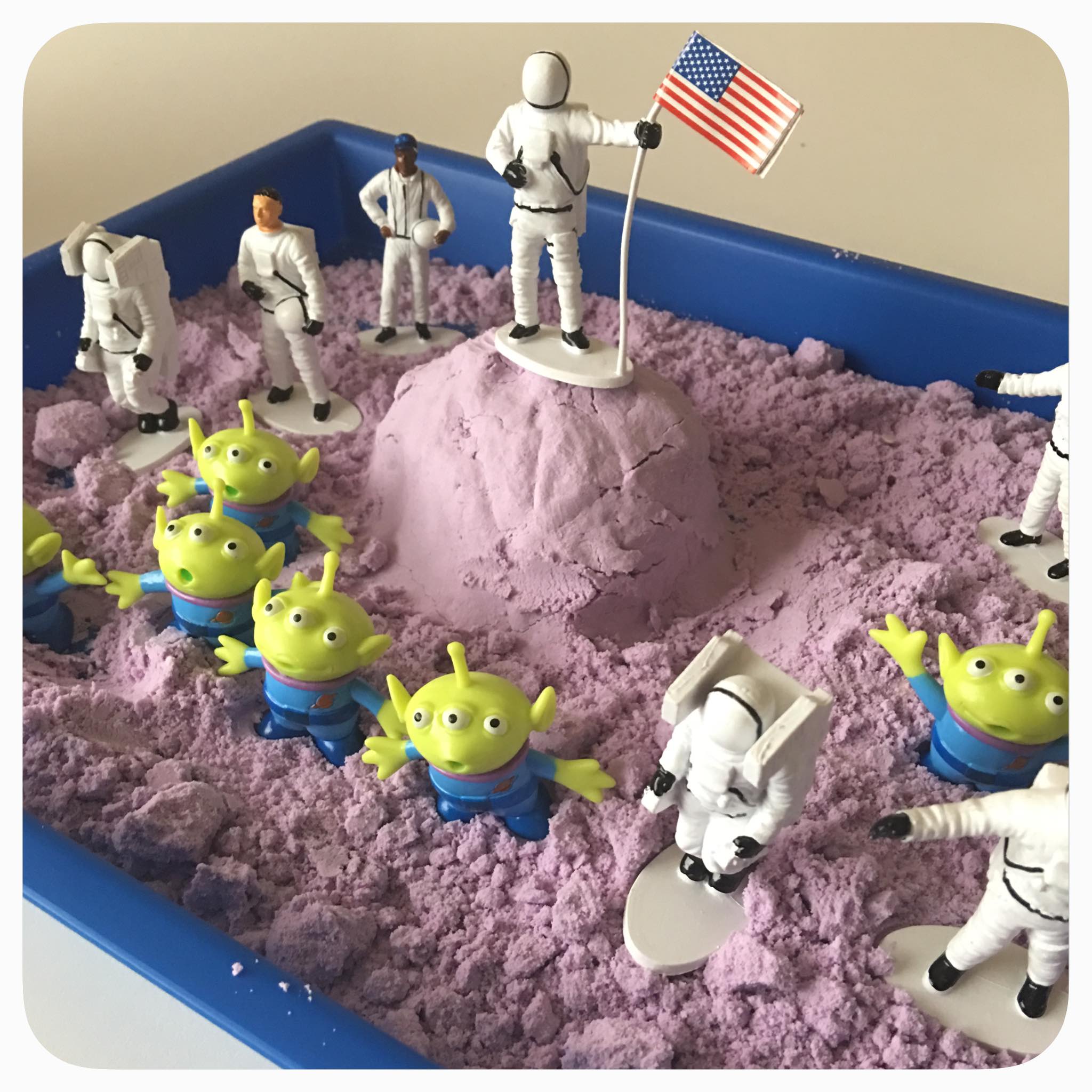 Creating simple sensory bins for exploring Outer Space. The lavender essential oils helps to create a sense of peace.