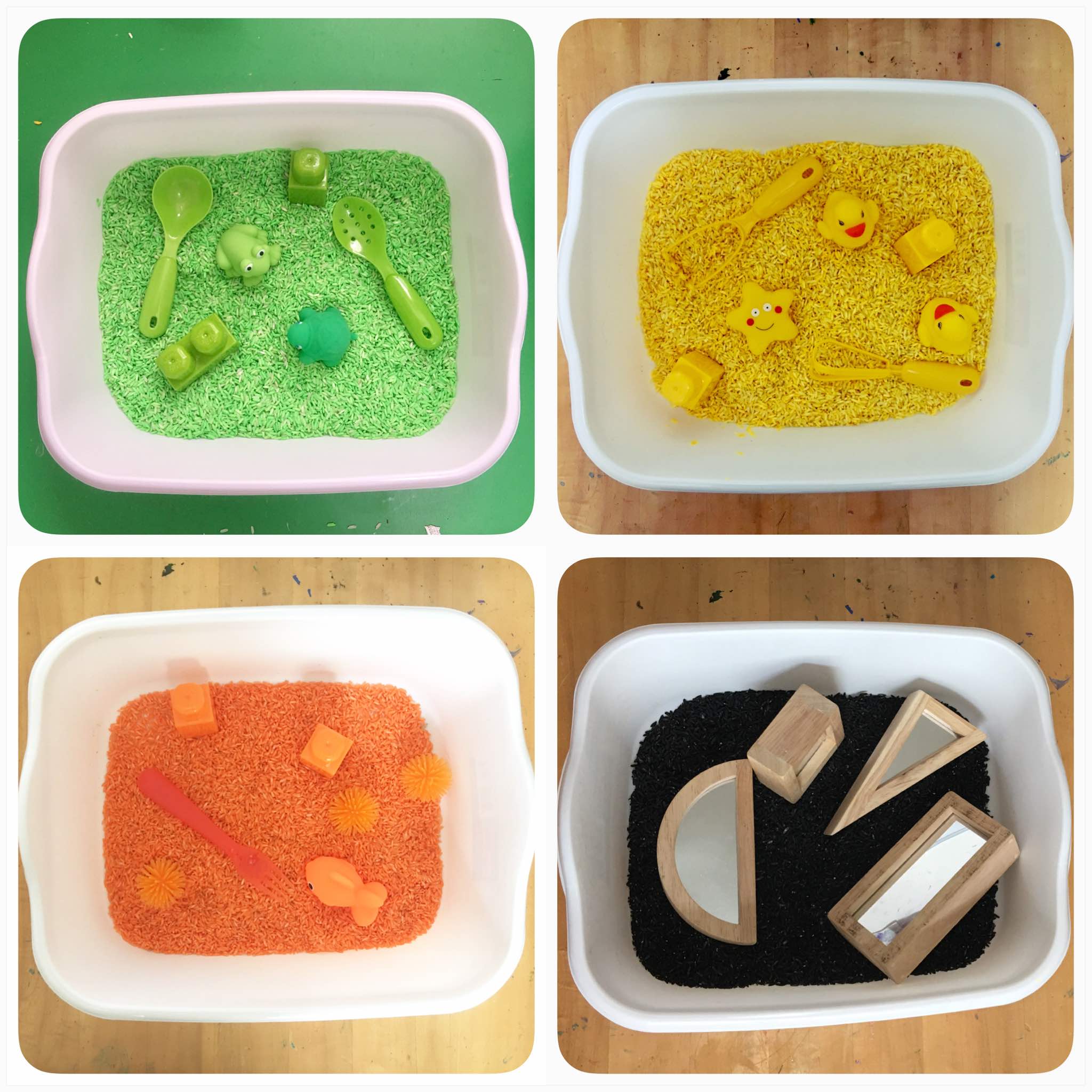 Toddler Sensory Bin - Amazing how much play kids can get out of such simple sensory materials. Acrylic paints to dye the rice .