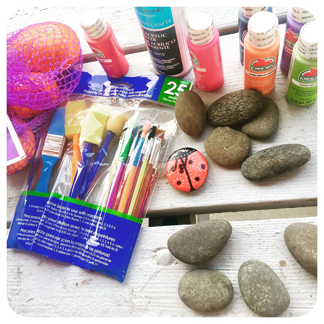 Rainbow inspired rock painting. This is a family friendly and inexpensive activity to keep children entertained. There are many rock groups you can join online.