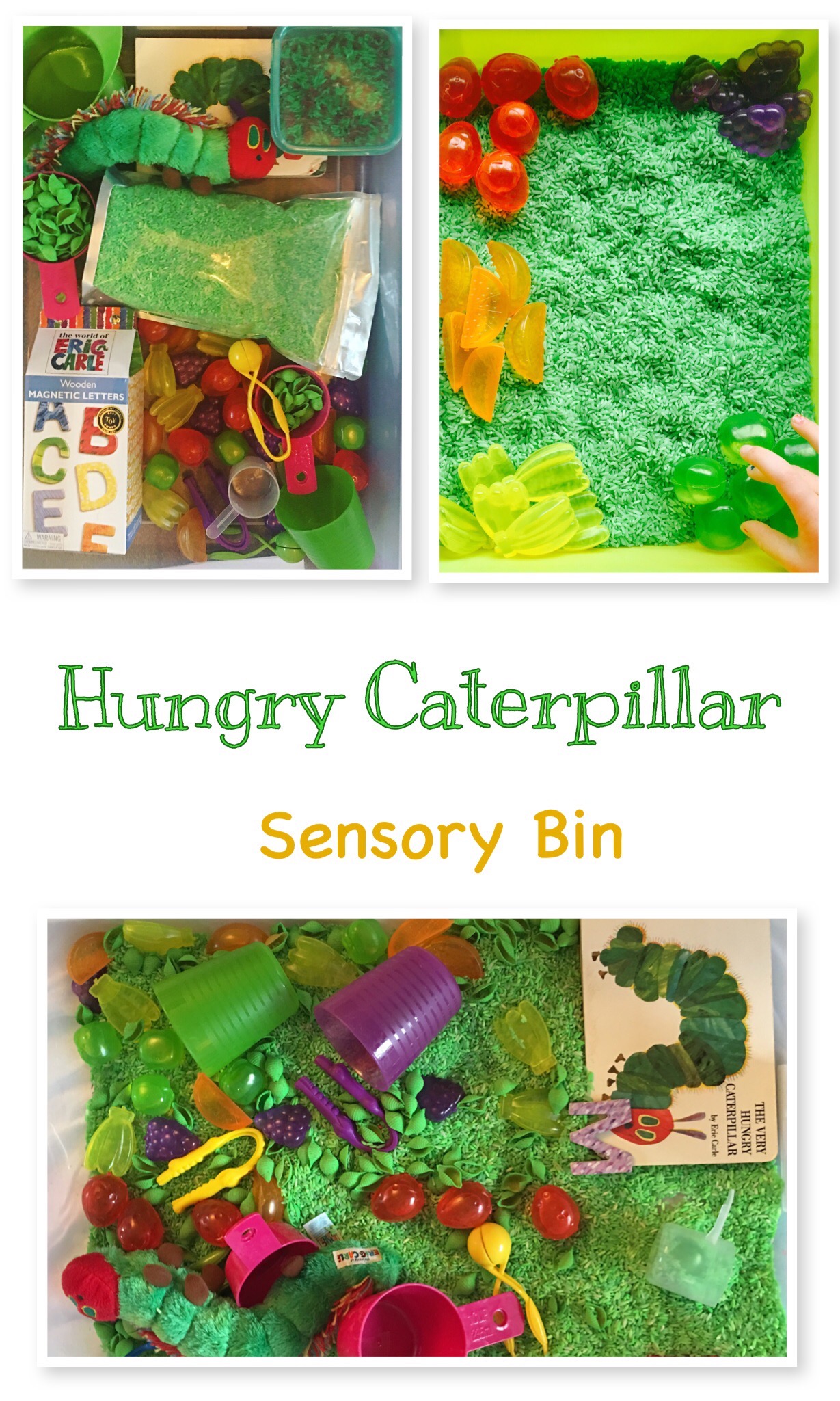 The very hungry caterpillar inspired sensory bin.