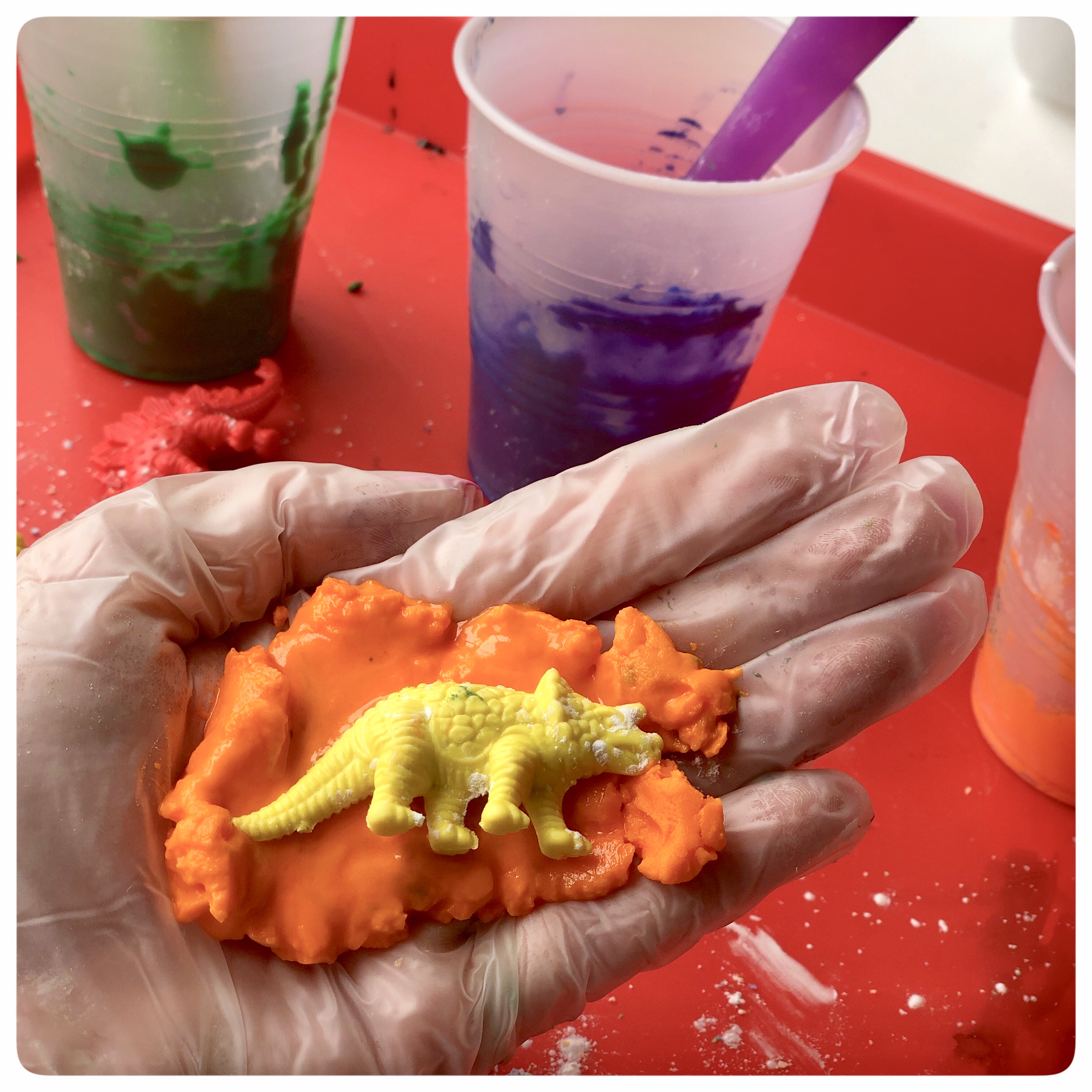 This is a fun hands-on activity that teaches kids about the chemical reaction between baking soda and vinegar while also incorporating Dinosaurs.