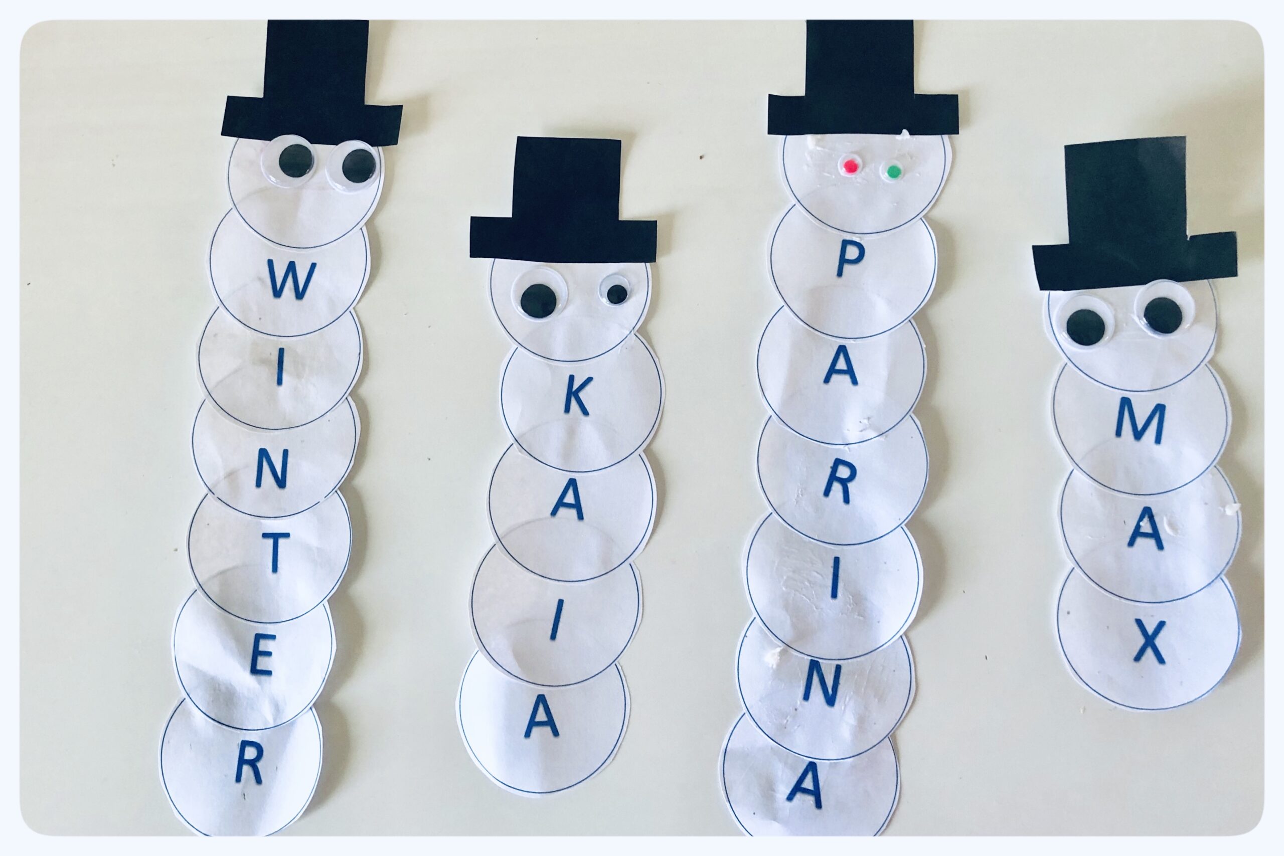 We’re ready for winter now with our Snowmen! This fun activity is great for letter recognition & fine motor skill development. 👉🏼 swipe to see how we set this up. ⛄️ Each child had the circles with letters of their name, plus one blank circle, and one black top hat. We talked about the first letter of everyone’s name and each child picked their letter out. With some help, they glued their letters together and added the top hat. Then the fun of choosing which wiggly eyes to put on 👀 They were So proud. Just look at their sweet faces! 🥰
