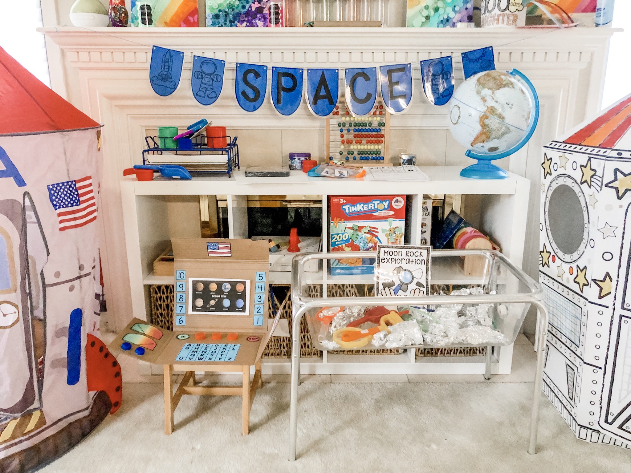 3...2...1... Blast Off.  Our Dramatic Play center is complete with our very own Space Station.  They will be learning through play as they explore Outer Space, dig for moon rocks, and even try out some Astronaut Ice Cream.  