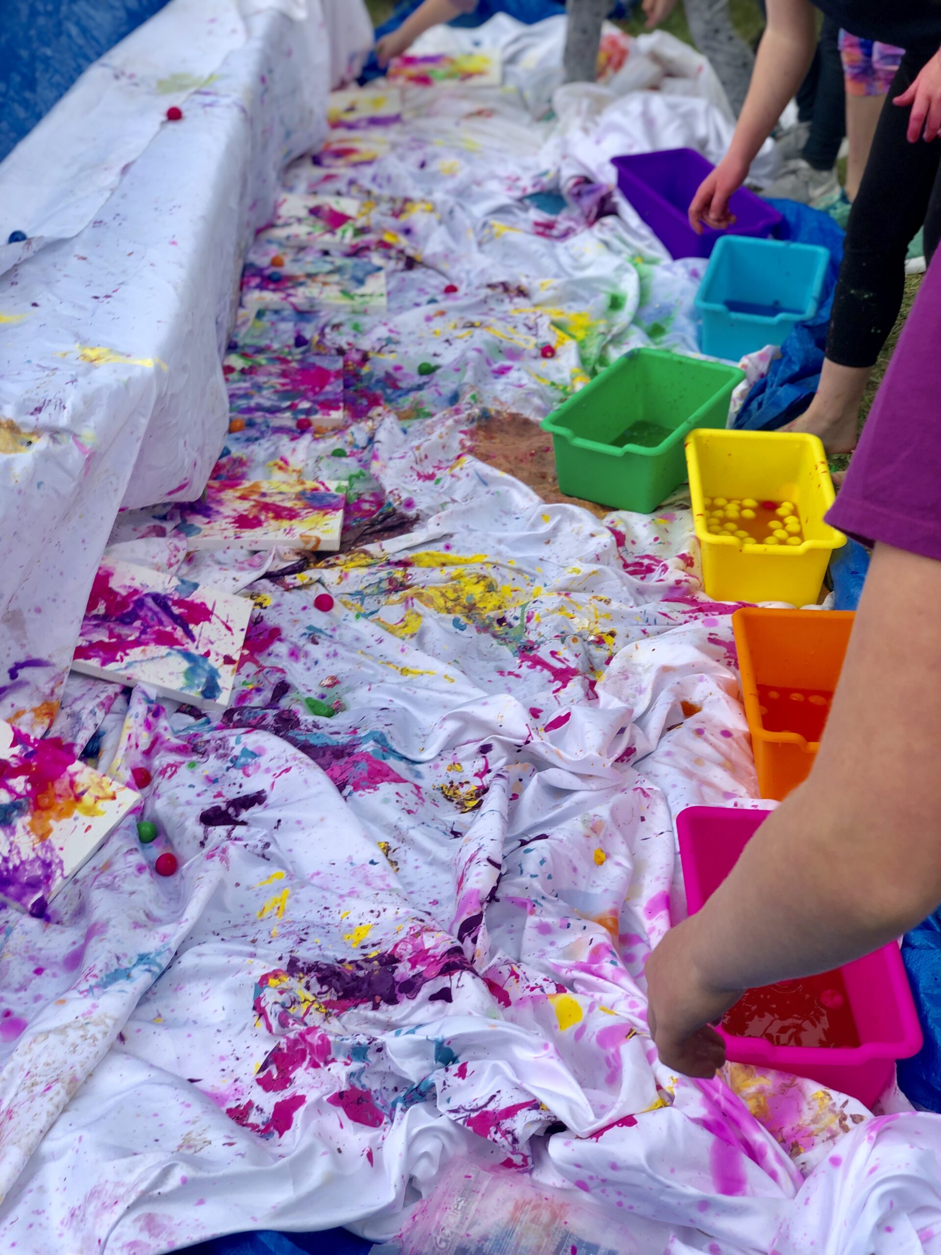 Setup for our Splatter Paint session with a Girl Scouts troop. It looks serious now but just want until you see what they get to do.  