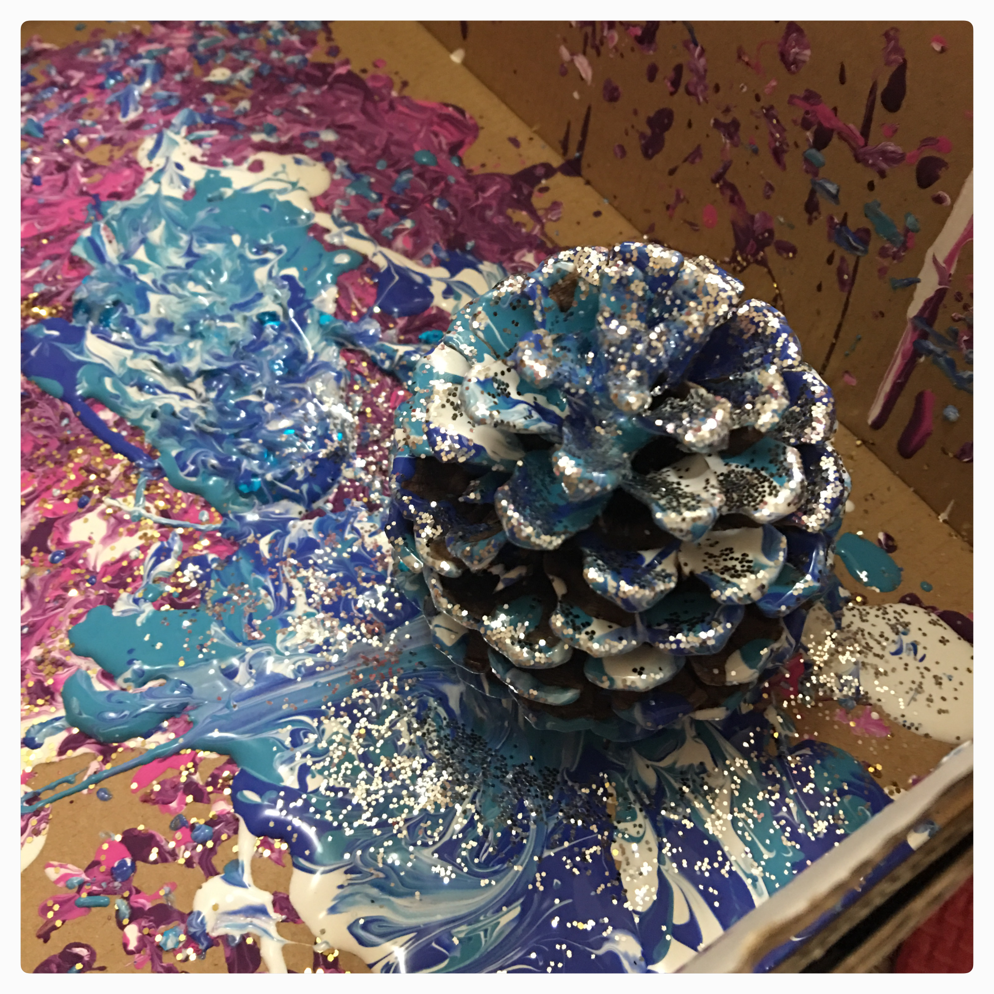 Pine Cone Process art - just use an old shoe box, add some paint, a pine cone from your nature walk, and maybe some glitter. Close the lid, and Shake!